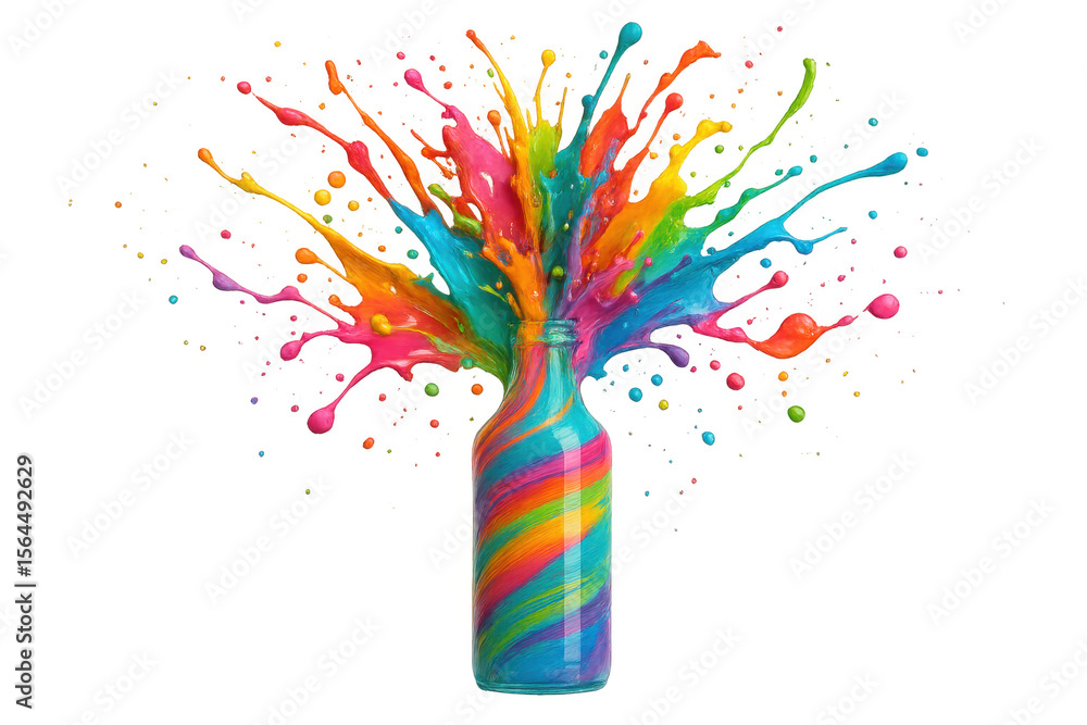 Poster dynamic explosion of multicolored paint splashes from a vividly striped bottle, set against a transp