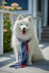 A happy white Samoyed dog wearing a red, white, and blue scarf sits on a porch. The scene evokes a festive atmosphere for Independence Day celebrations.