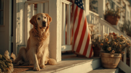 A golden retriever sits on a porch beside an American flag. The scene captures a sense of patriotism and celebration for Independence Day.