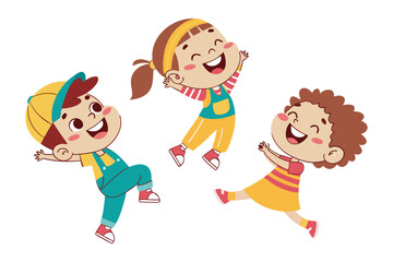 Three cheerful cartoon children joyfully jumping and playing together expressing pure happiness and energetic fun on a white background