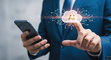 A hand touches an ai cloud icon on a smartphone screen in a business setting
