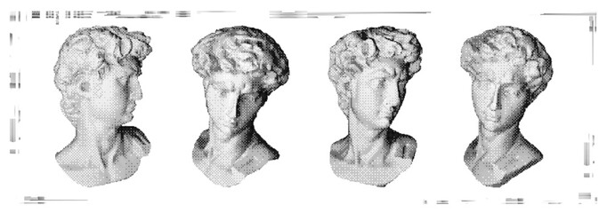 David in halftone style. 3d bust set in style y2k brutalism pixel