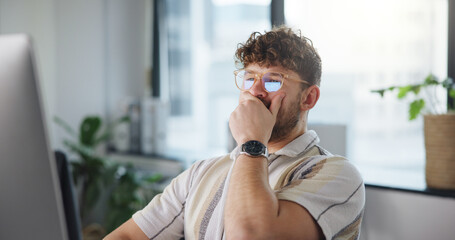 Tired, yawn and business man on computer in office for web design, online project and research....