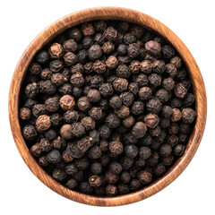 Close up overhead view of whole black peppercorns in a rustic wooden bowl isolated on transparent background