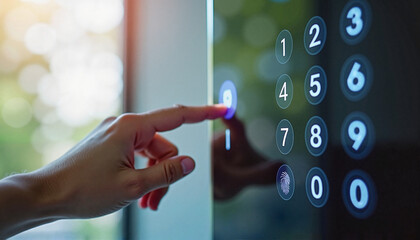  Hand pressing illuminated button on modern digital keypad

