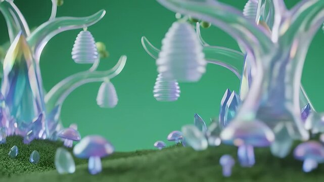 Whimsical Forest Landscape with Crystal Trees and Iridescent Mushroom on Green Screen