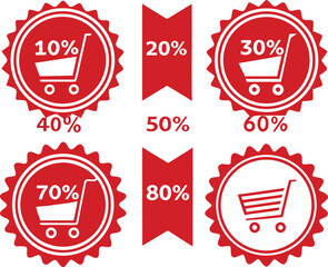 discount sticker product red tag set. shopping discount label badge with 10, 20, 30, 40, 50, 60, 70, 80 percent off. vector.discount, advertisement, badge, emblem, label, merchandise, message, off,