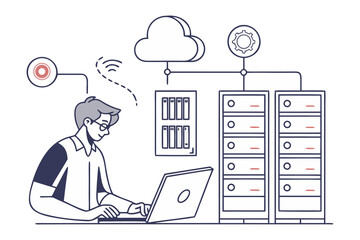 It professional managing cloud infrastructure and servers from a laptop illustrating digital transformation and network operations