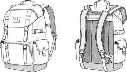 Detailed line art of multi-pocket backpack front and back view, black and white school travel hiking gear bag illustration drawing