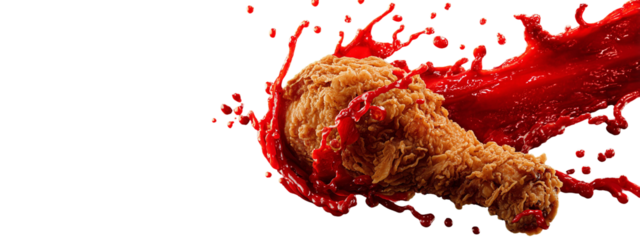 A crispy fried chicken drumstick resting on vibrant spicy red Sauce with splashes and drips 