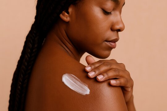 Dark Skinned Woman Applying Hydrating Cream to Her Shoulder in a Moment of Wellness and Self-Care, radiating beauty and confident radiance.