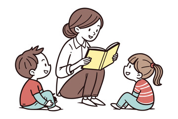 A smiling woman reads a book to two attentive children fostering a love for stories and learning in a warm engaging atmosphere