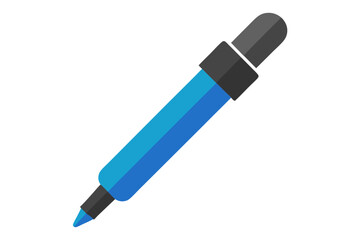 Stylized blue marker pen with black cap and tip on white background