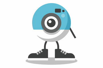 Cartoon character robot camera with legs and shoes on white background