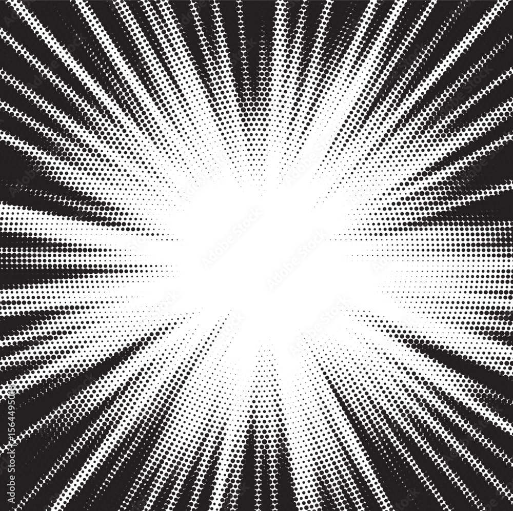 Aufkleber Halftone gradient sun rays pattern. Abstract halftone vector dots background. monochrome dots pattern. Vector background in comic book style with sunburst rays and halftone. Retro pop art design.
