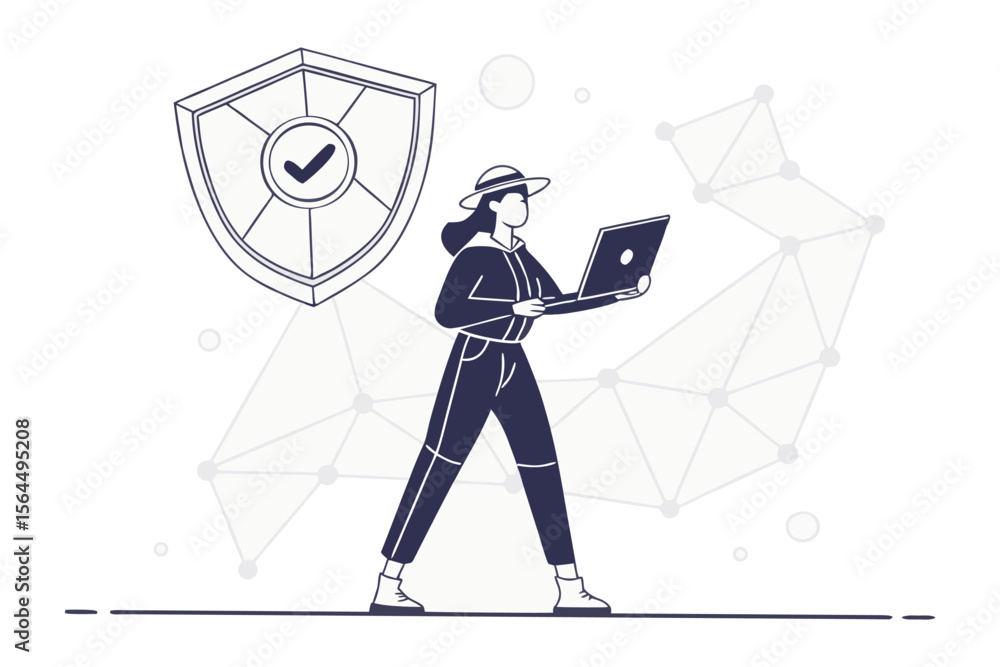 Poster a person in a hat uses a laptop near a shield with a checkmark symbolizing data protection and digit