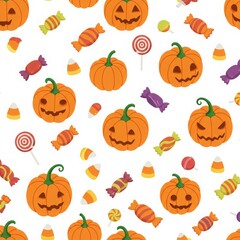 Seamless Halloween pattern with pumpkins, candies, and autumn-themed elements on a white background.