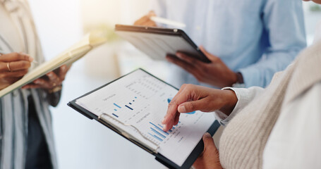 Charts, notebook and tablet with hands of business people in meeting for finance or investment....