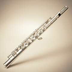 Fototapeta premium Close-up of a silver metal concert flute with detailed keys, isolated on a warm beige gradient background, ideal for music themes.