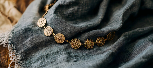 Close-up of a necklace with antique-style coins on a gray linen fabric.