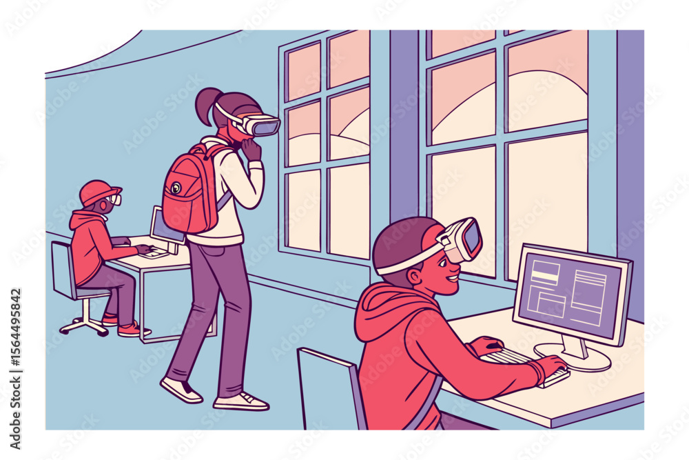 Poster diverse students wearing virtual reality headsets engage with technology at computers in a modern cl