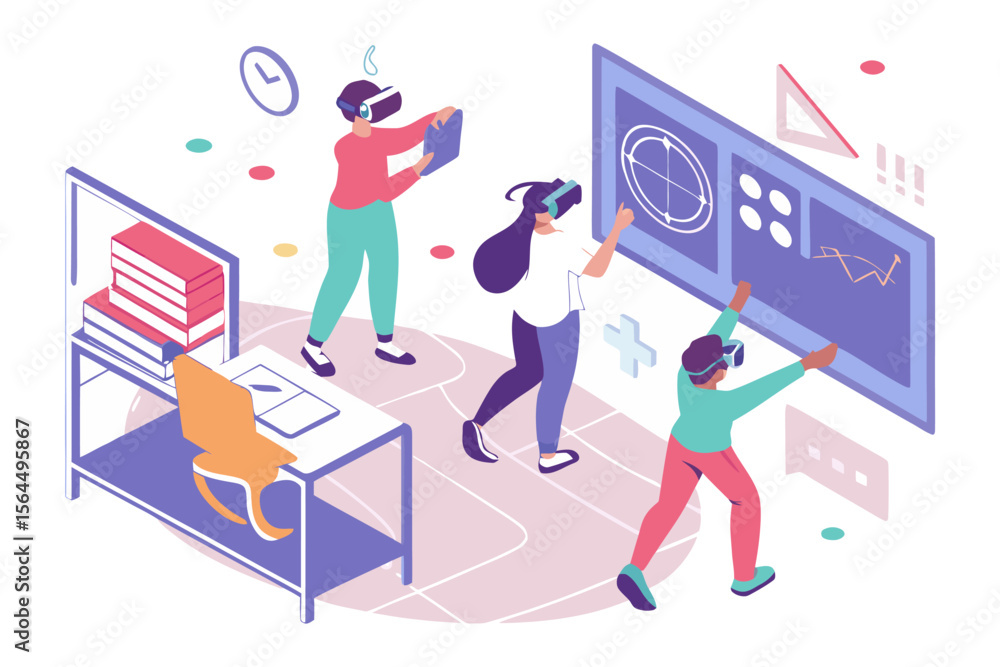 Poster diverse individuals engage with immersive virtual reality technology for collaborative learning and 