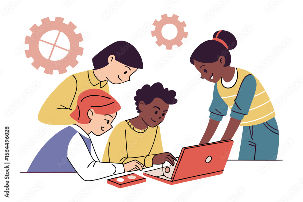 Poster diverse group of young students collaborating on a project using a laptop and gears symbolizing team