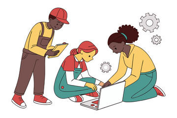 Diverse team collaborates on a project using a laptop and tablet surrounded by gears symbolizing teamwork and innovation in a modern setting