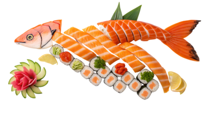 Sushi platter shaped like a fish with salmon