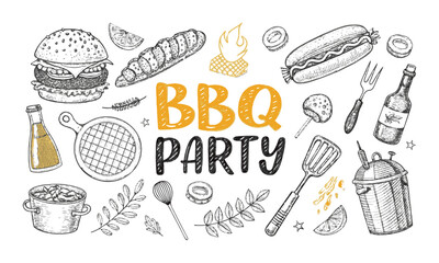 Scalable vector design featuring hand-drawn illustrations of BBQ party foods and accessories, burgers, sausages, fish, steaks, corn, drinks, BBQ grills, cutlery, sauces, condiments, easily editable