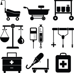 Medical Equipment Icons: Black & White Vector Illustration of Hospital Supplies & Healthcare Tools