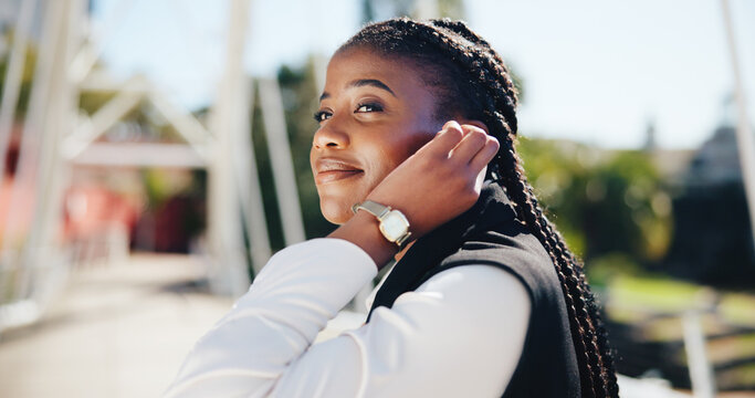 Thinking, professional and business with black woman in city for real estate developer, idea and commute. Reflection, property manager and morning journey with person outdoor for career opportunity