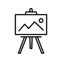 Easel with painting displaying mountains and sun in minimalist style  