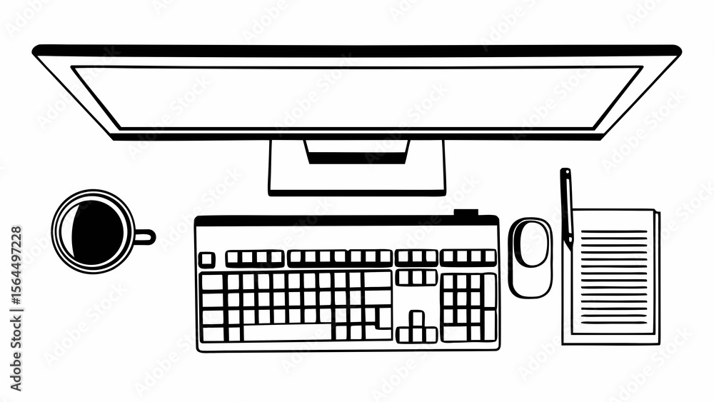 Fototapete top view of a desk with computer monitor keyboard mouse coffee cup and paper in black and white crea