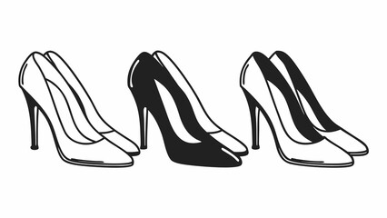 Three pairs of high heel shoes in black and white line art style on a white background fashion footwear created with generated ai
