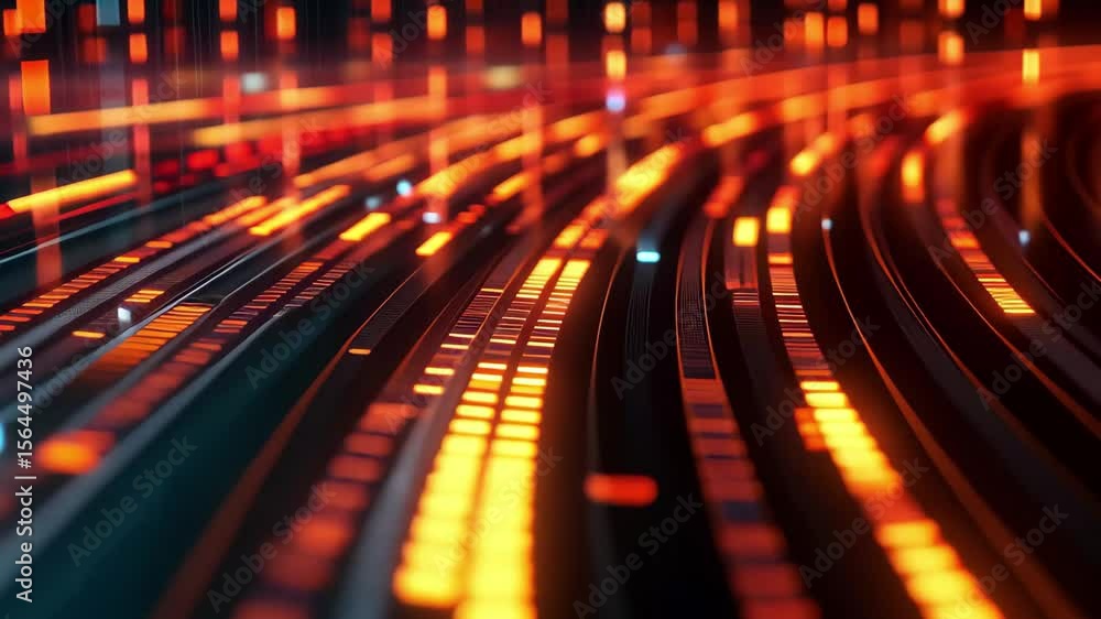 Poster futuristic glowing neon lines creating a dynamic data stream in vibrant colors, curved glowing neon 