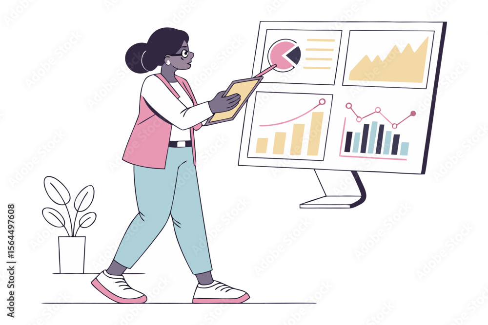 Poster a woman presents financial data and charts on a large monitor demonstrating business growth and anal