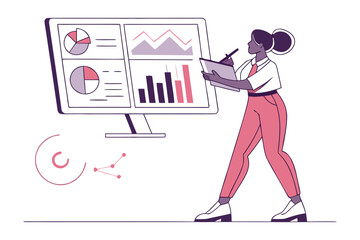 Businesswoman analyzing financial data charts and graphs on a large monitor while taking notes on a clipboard illustrating business intelligence and strategy