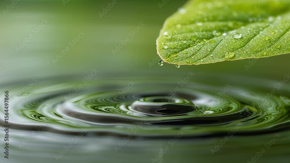 Poster macro video of a single clear water drop falling from a bright green leaf into a calm pond, creating