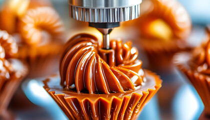 Automated caramel cupcake frosting with a precision machine, clo