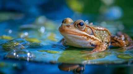 Obraz premium A frog sitting on a lily pad in a serene pond scene