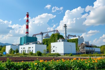 Obraz premium Modern industrial facility surrounded by greenery under blue sky with clouds and orange flowers in foreground