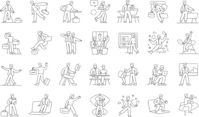 Fototapeta premium Collection of Hand-drawn Line Illustrations Depicting Business Professionals in Office, Meetings, and Corporate Environments
