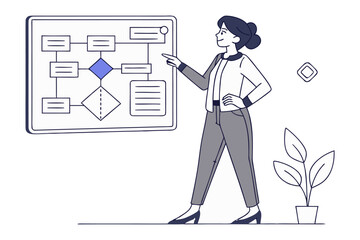 Businesswoman presenting a flowchart on a digital screen illustrating a process or strategy with a confident and professional demeanor