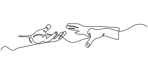 two hands reaching out towards each other continuous one line drawing, Single line drawing of romantic or helping concept. Minimalist sketch vector illustration, Fragment of a painting. pro vector.