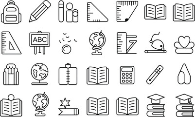 Set of 24 Black and White Educational Icons Featuring School Supplies, Learning Tools, and Academic Symbols
