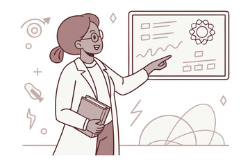 Smiling scientist in lab coat points to presentation screen with data and diagrams holding a book conveying knowledge and research