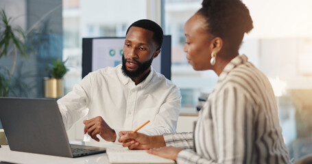 Conversation, laptop and business people in office for finance, profit or asset management...