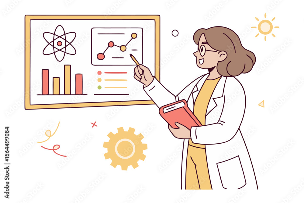 Poster a scientist in a lab coat presents data and scientific concepts on a whiteboard with charts and an a