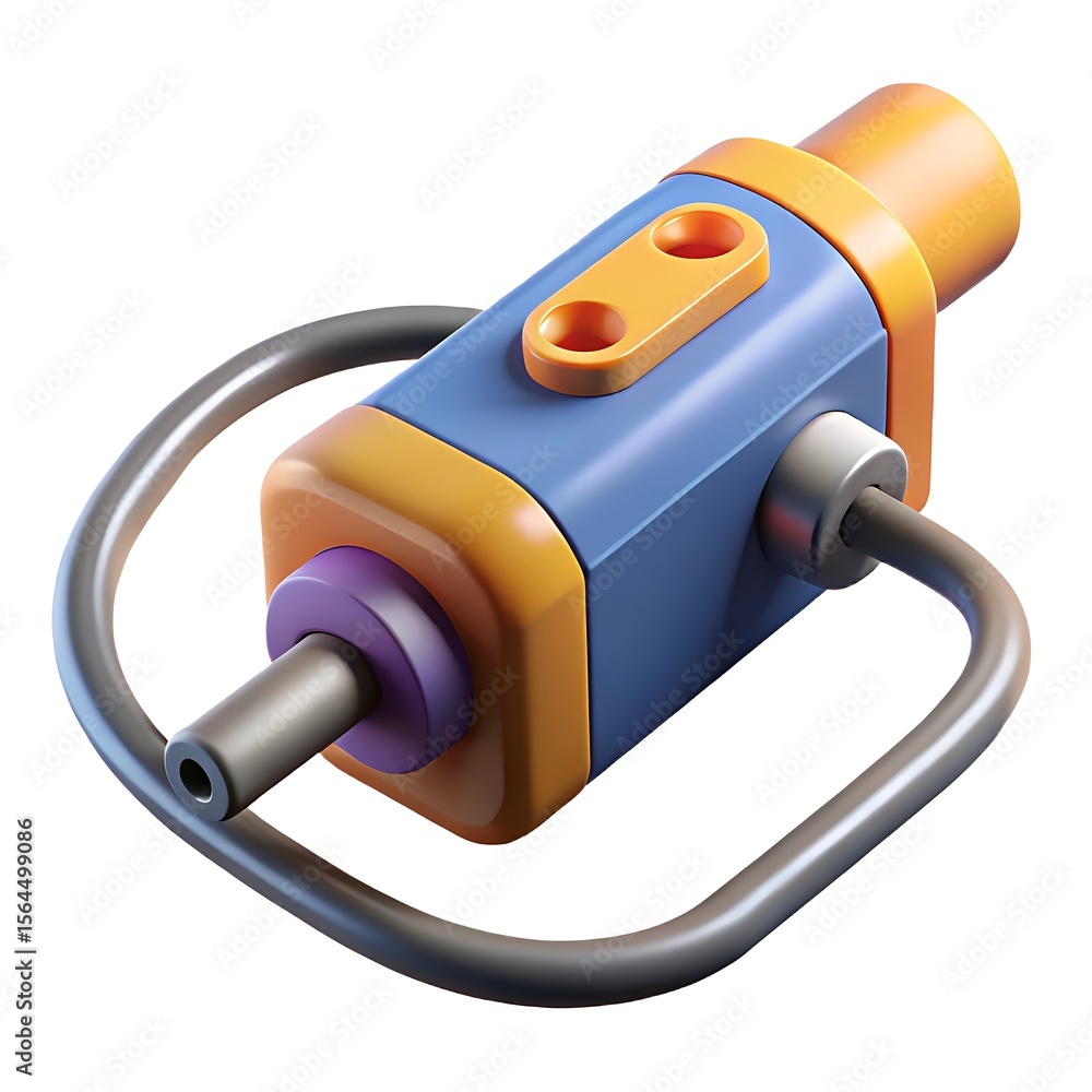 Poster stylized 3d render of a futuristic blue and orange device with a silver loop isolated on white backg